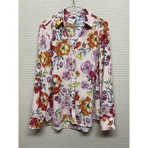 Express Portofino Shirt Women's M Slim Fit Peach Pink Floral Blouse Career Chic